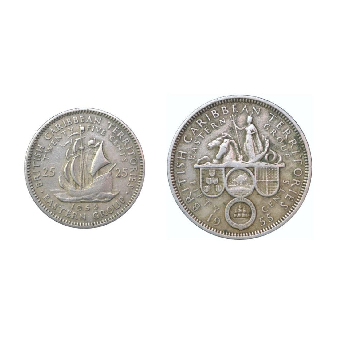 ΠΟΛΙΤΕΙΕΣ ΑΝΑΤΟΛΙΚΗΣ ΚΑΡΑΪΒΙΚΗΣ - 25 & 20 CENTS 1955, VF, KM# 6,7