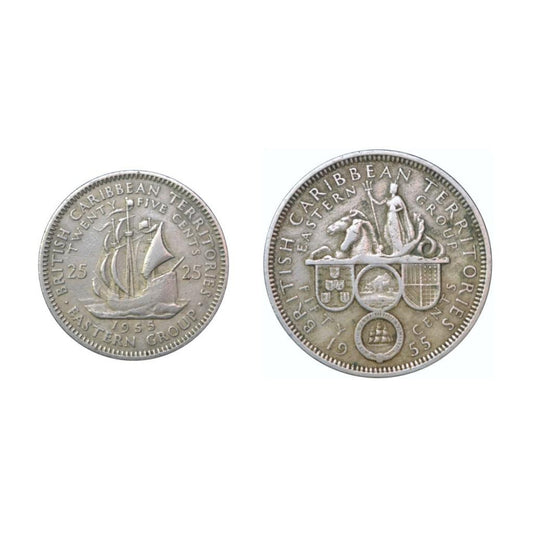 ΠΟΛΙΤΕΙΕΣ ΑΝΑΤΟΛΙΚΗΣ ΚΑΡΑΪΒΙΚΗΣ - 25 & 20 CENTS 1955, VF, KM# 6,7