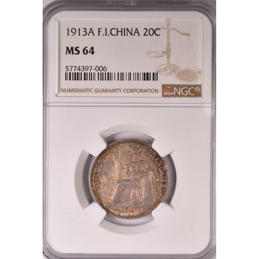 ΓΑΛΛΙΚΗ ΙΝΔΟΚΙΝΑ - 20 Cents 1913, NGC MS64